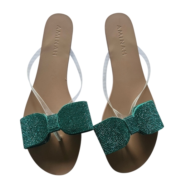 Aminah Green Crystal Bow Flip Flop Sandals - Picture 2 of 11